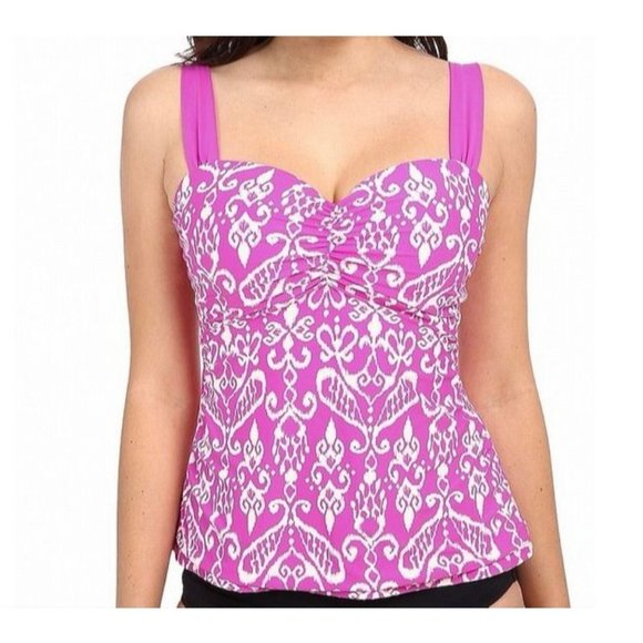 Athena Swim Molded Cup Bandini Tankini Top Size 32D Hot Pink Ikat Floral Modest - Picture 3 of 8